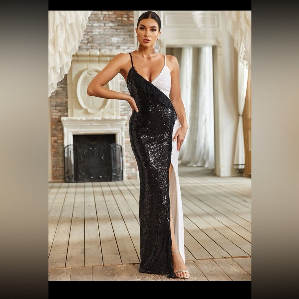 Black and white sequin gown